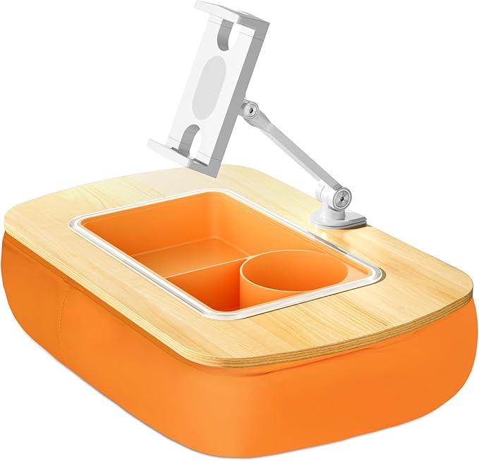 Tablet Pillow Stand for Lap Use with Snack Bowl and 360° Rotating Arm, Adjustable iPad Holder for Bed, Couch, and Recliner, Compatible with 4.7"-13" Kindle, iPad, Tablet, Phone,Orange