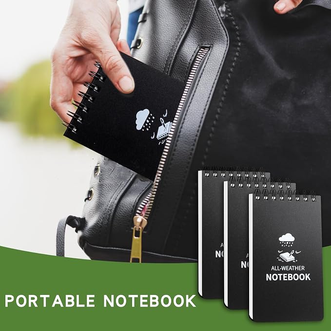 Waterproof Notebook, 8 Pack Pocket Notepad, 3" x 5 Top-Spiral NotePad Black | Weatherproof All Weather Police Pocket Notebook Mini Memo Steno Note Pads for Outdoor Office School Recording