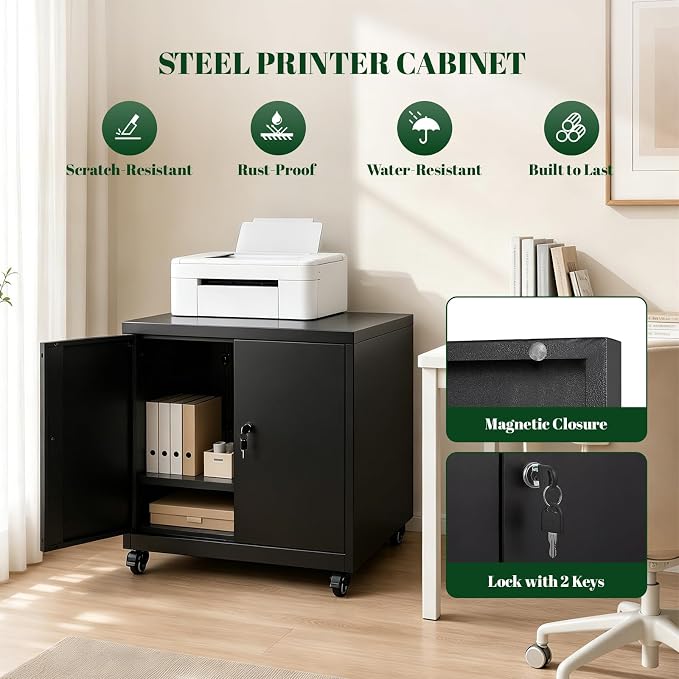 23.6"H Locking Printer Cabinet with Storage & Adjustable Shelf | Large Metal Rolling Printer Stand, Steel Printer Cart for Home Office, Workspace Organization & Office Supplies, White