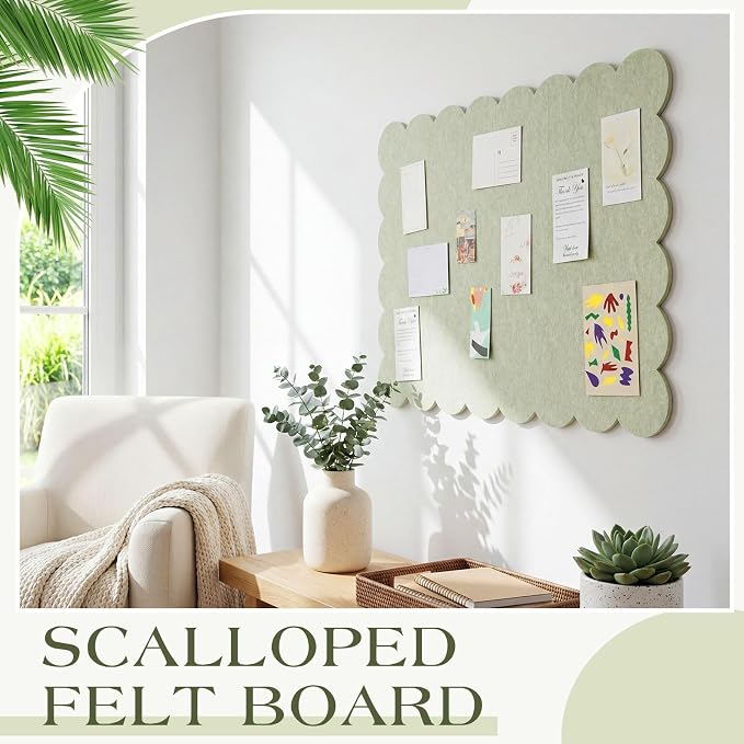 Mooliwe Scalloped Felt Bulletin Cork Board Foldable Sage Green 24 * 18 Inch | 2' x 1.5' Trifold, Self Adhesive, Picture Vision Board, Cork Alternative for Wall, Pin Bulletin Decorative for Office Bedroom