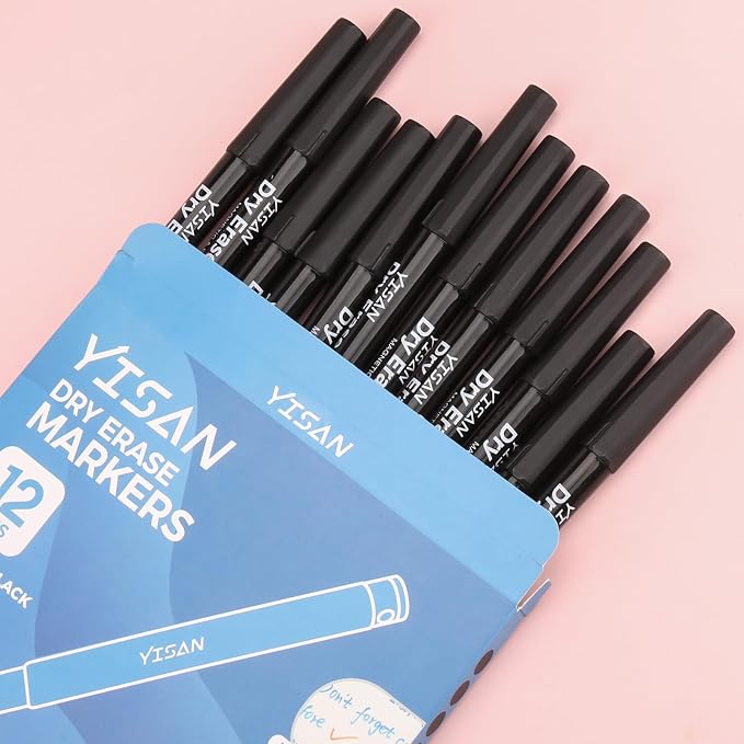 YISAN Black Dry Erase Markers Ultra Fine Tip,0.7mm | Extra Fine Point, Whiteboard Markers with Erasers,Low Odor,70573