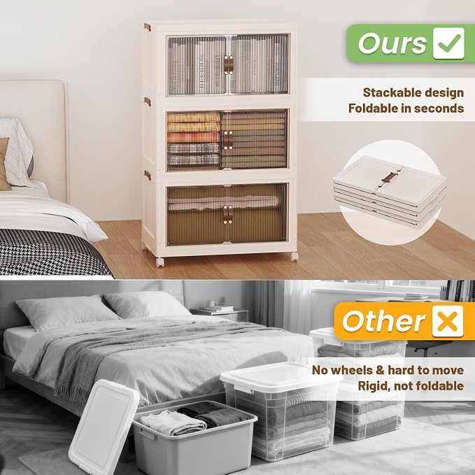 SAILUN 381Qt Extra Large Stackable Storage Bins Folding Collapsible Storage Bins with a Lid, Closet Organizers and Storage Blush White 28" W x 17" D x 46" H | Stackable Storage Drawers with Lids,28" W x 17" D x 46" H,Featuring open-front Access for Clo...