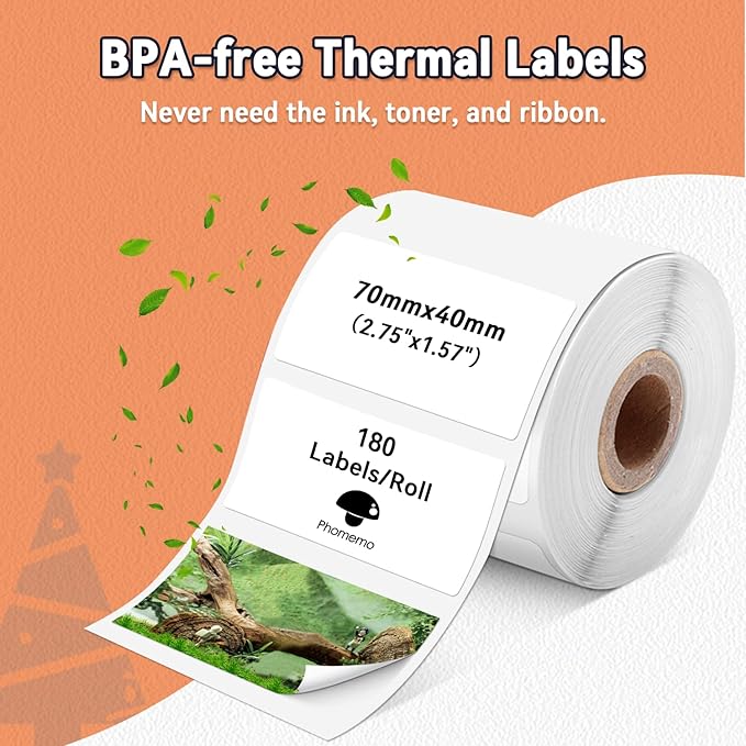 Phomemo Thermal Labels, Address Barcode Thermal Stickers for M220/M221/M200/M250 Label Printer Machine, 2.75"x1.57"(70x40mm),100 Labels/Roll, for Barcode/Address/Mailing/Logo,Black on White