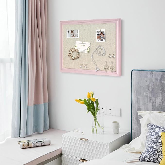 Large Pink Wood Framed Cork Board with Linen, 24" x 18" | Hanging Bulletin Board, Picture Display Vision Board Kit Corkboards for Wall Room School Office Decor, 10 Pushpins