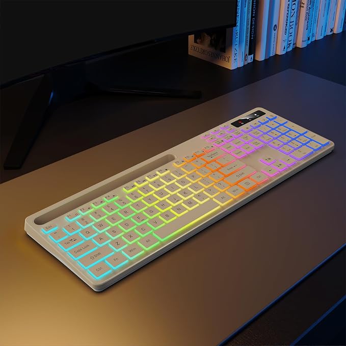 Soueto Wireless Keyboard with 7-Color RGB Backlit, Full-Size Computer Keyboard with Phone Tablet Holder, 2.4G Rechargeable Gaming Keyboard with Light Up Keys, Compatible with Mac, Windows (Latte)