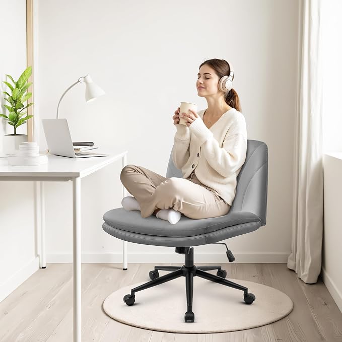 Orange Factory Criss Cross Chair, Wide Leather Vanity Desk Seat, Grey Pu | Cross-Legged with Dual Base with Wheels or Pads, 360° Swivel, Height Adjustable, Comfy Mid-Back for Office,Desk, Task Work