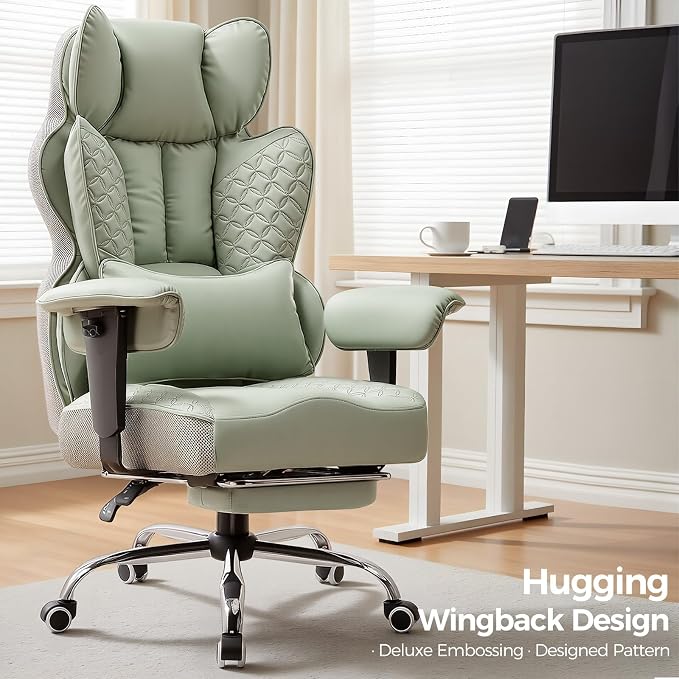 GTPLAYER Big and Tall Gaming Chair 400lbs Heavy Duty Office Chair with Foot Rest & Ergonomic Pocket Spring Lumbar Support, High Back 3D Saddle Shaped Cushion for Back Pain Relief, Green