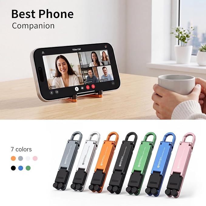 Portable Foldable Pocket Phone Stand with Keychain for Desk Travel(Orange) | Mini aluminum, adjustable kickstand, lightweight metal, slim compact for office, plane