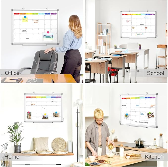 Colorful Dry Erase Calendar Whiteboard for Wall 24x18 Double-Sided Magnetic | Monthly Calendar, 7 Color Design, Wall Mount Hanging, Aluminum Frame, Smooth Dry Erase, Home School Office, Complete Kit