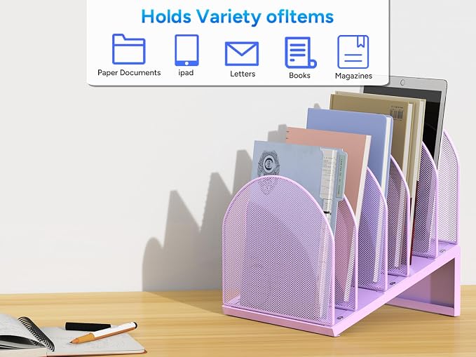 gianotter Desktop File Organizer with 5 Compartments | Desk Organizer Paper Organizer for Desk Workspace Organizers for Office Supplies (Purple, Inclined Style)
