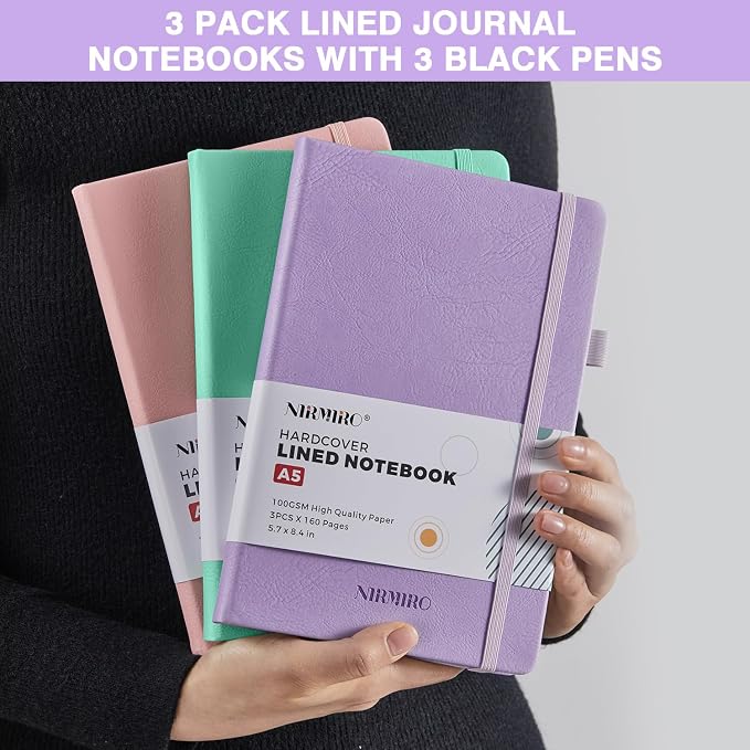 Journal Notebook for Women Men, A5 (5.7"x8.4"), 3 Pack 160 Pages Hardcover Lined Journaling Notebooks with Pen, 100GSM Paper, for Work, Writing, Travel, School Office Supplies, Pink Purple Green