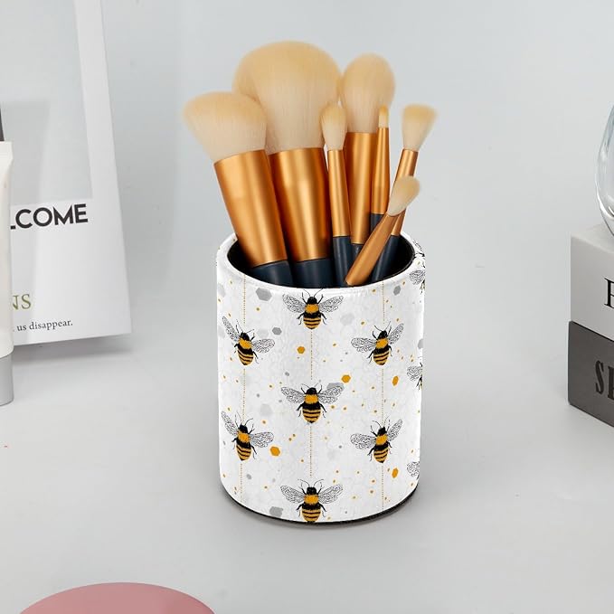 Leather Pen Holder for Desk, Bees Pencil Cup Pen Organizer Makeup Brush Holder for Office Home Kids Countertop Desk Accessory Storage