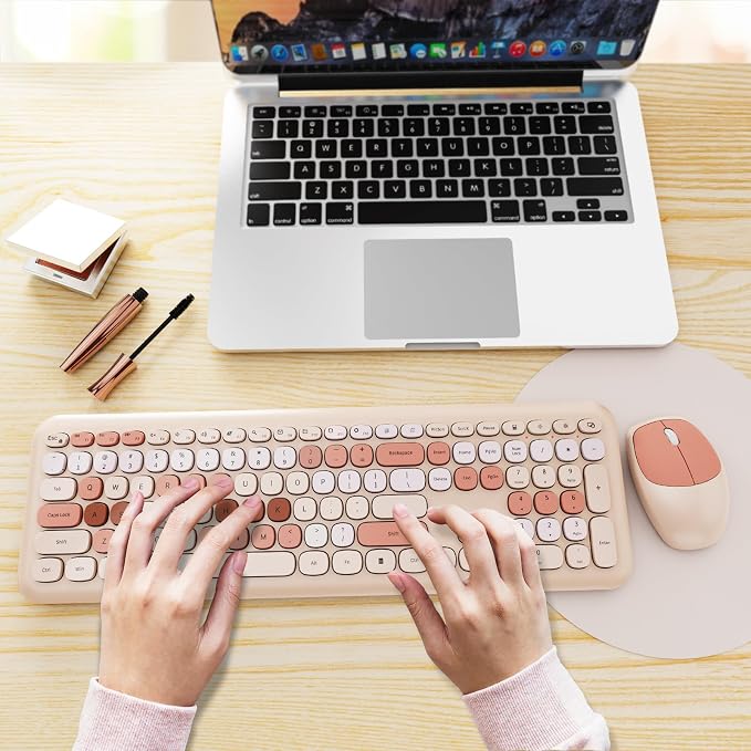 Wireless Keyboard and Mouse Combo, Cute Brown Retro Typewriter Keyboard with Number Pad, 2.4GHz USB Receiver + Type-C Adapter, Plug and Play for Laptop, Desktop, PC, Chromebook