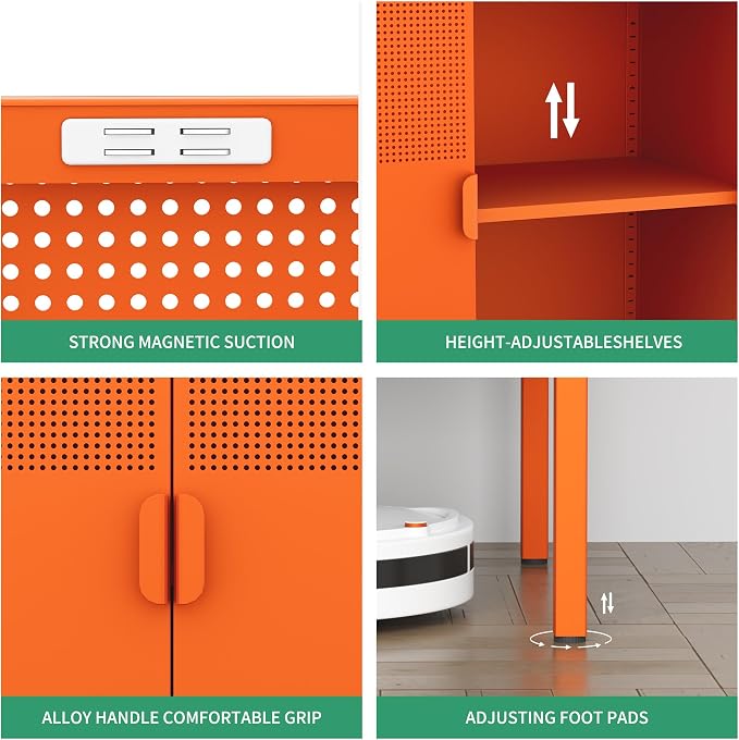 Chshin Metal Storage Cabinet,Kitchen Pantry Storage Cabinet,Metal Sideboard with 2 Doors and 2 Adjustable Shelves,Orange Locker Cabinet for Home,Bathroom,Hallway,Office,Dining Room
