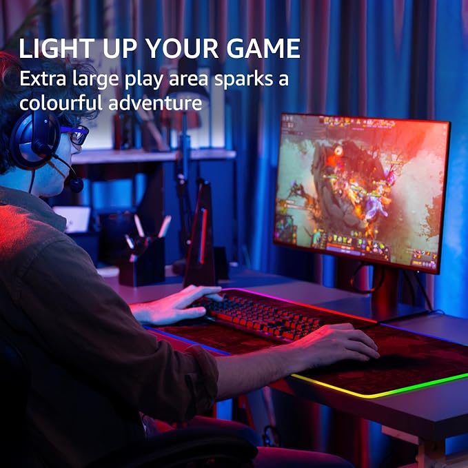 KTRIO RGB Large Gaming Mouse Pad, 31.5 x 15.7 in, RGB World Map, XXL | Smooth Micro-Weave Surface, RGB Lighting Design, Non-Slip Rubber Base, Durable Stitched Edges, Office & Home Use