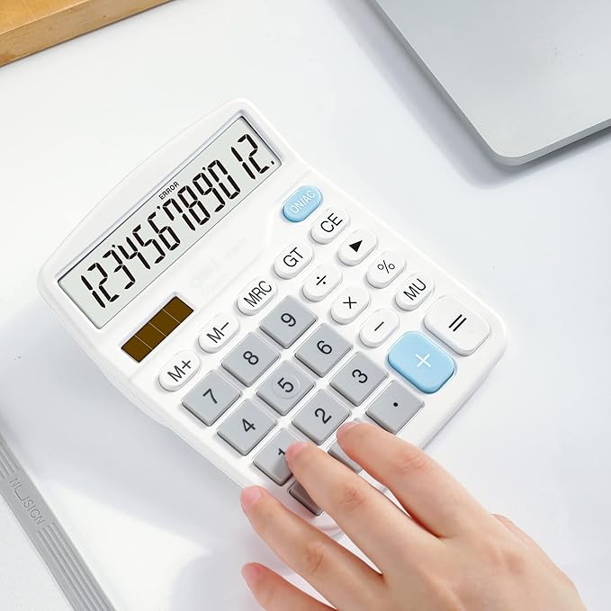 Calculator, Deli Standard Function Desktop Calculators with 12 Digit Large LCD Display and Sensitive Button, Solar Battery Dual Power Office Calculator, White