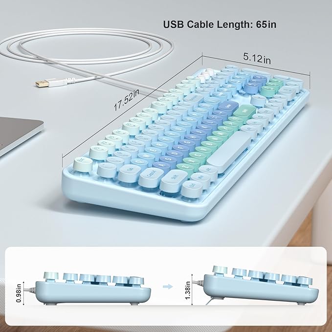 Computer Keyboard Wired, Plug and Play USB Retro Round Typewriter Keyboard, Full Size Wired Keyboard with Foldable Stands for Laptop and Office PC