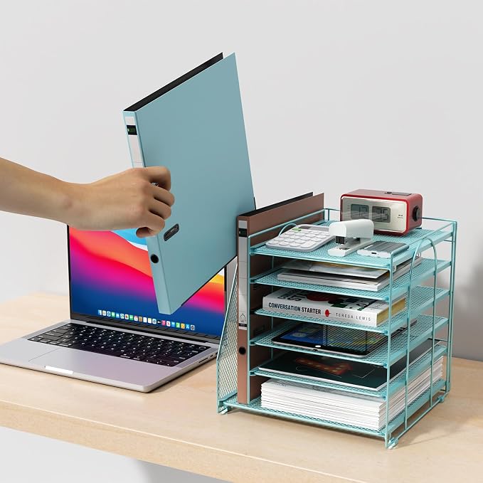 gianotter 6-Tier Paper Organizer With Magazine Holder | Desk Organizers and Accessories, File Organizer for Office Supplies Storag (Blue, 6-Tier)