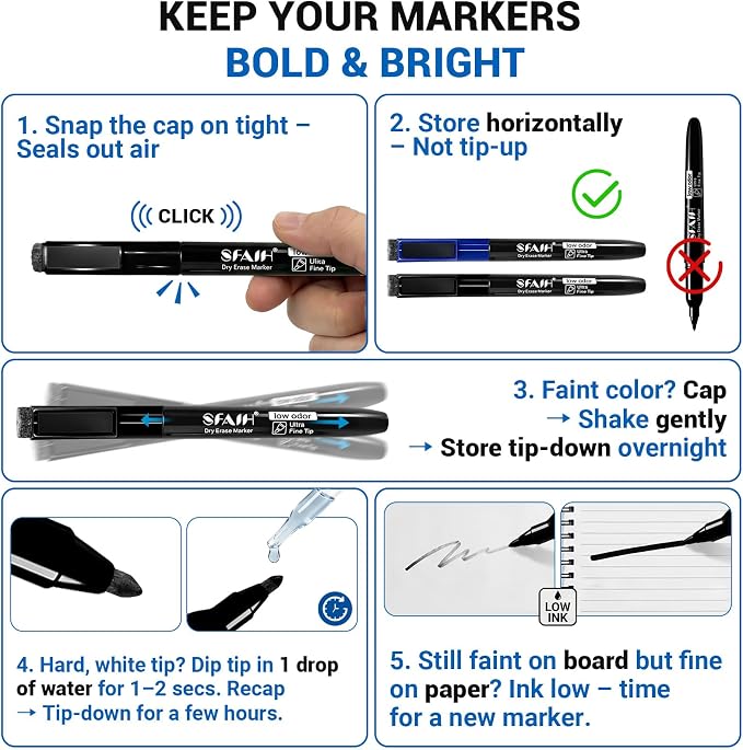 SFAIH Black Magnetic Dry Erase Markers, 0.7mm Ultra Fine Tip, with Eraser | Low Odor, Easily Erases, Whiteboard Markers for Detail Work & Note Taking, Math, Drafting & Professional Use, Non-Toxi