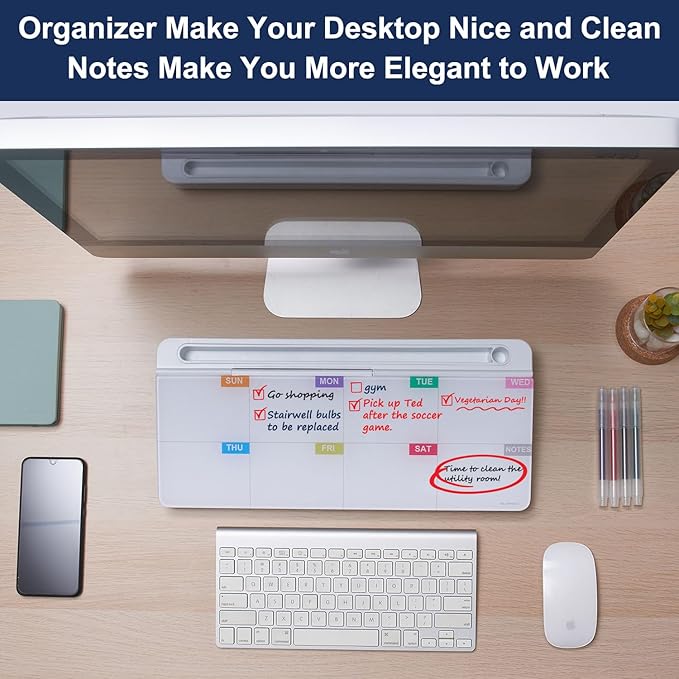 Whiteboard Weekly Dry-Erase-Board - Desktop White Board Calendar Desk Organizers with Accessories Computer Keyboard Stand with Drawer, for Office, Home, School Supplies - White Calendar
