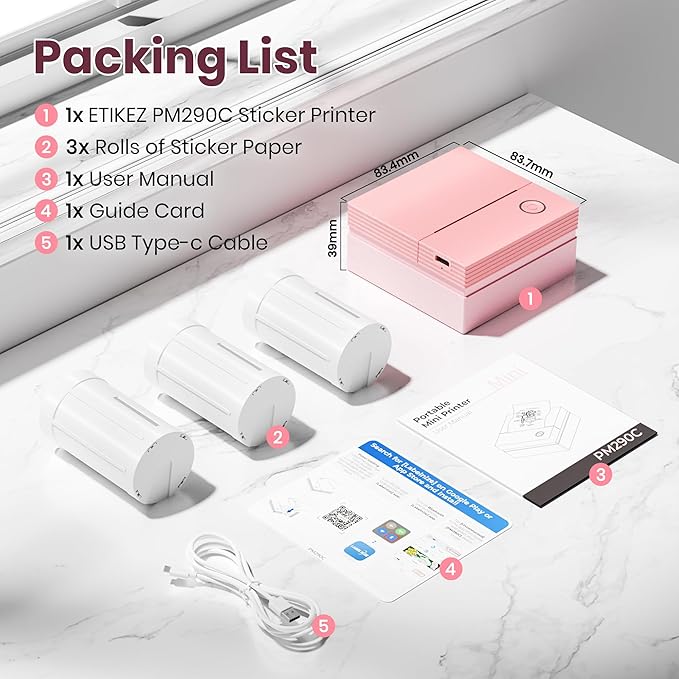 Sticker Printer, PM290C Portable Mini Printer, Inkless Bluetooth Sticker Maker with 3 Rolls Paper, Impresora Portátil for Notes, DIY, Gift, Smart AI APP, Print Pod for Office/Home, Pink