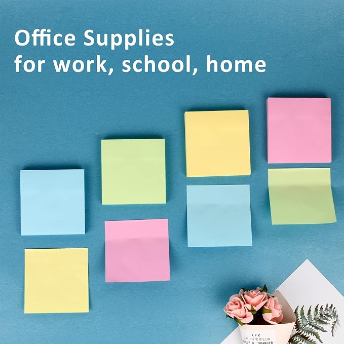 HappyHapi 28 Pack 2800 Sheets Sticky Notes 3x3 Inch100 Sheets/Pad, 4 Soft Colors (Yellow, Green, Pink, Blue) Light Colored Self-Stick Pads, Bulk Office Supplies for Work, School & Home