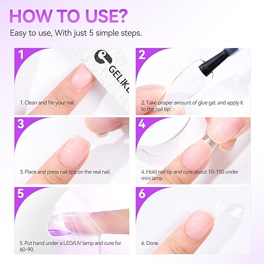 Gelike EC UV Nail Glue Gel: 32ML 6 in 1 Strong Glue Nail for Extension Home DIY Clear UV Cure Adhesive for Acrylic Nails & Press On Nails Tips 12 Toxic-Free