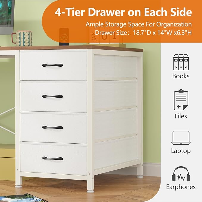 95" 2 Person Desk with 8 Fabric Drawers for Home Office, Living Room | Long Computer Desk Office Desks with Storage, Two Person Double Desks with Power Outlets, Brown and White
