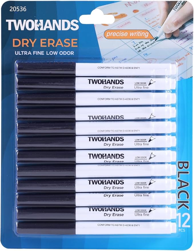 TWOHANDS Dry Erase Markers Fine Tip Black,Ultra Fine Extra Fine Point 0.7mm,Low Odor,Whiteboard Markers for Office,Home,or Planning Whiteboard,12 Count,20574
