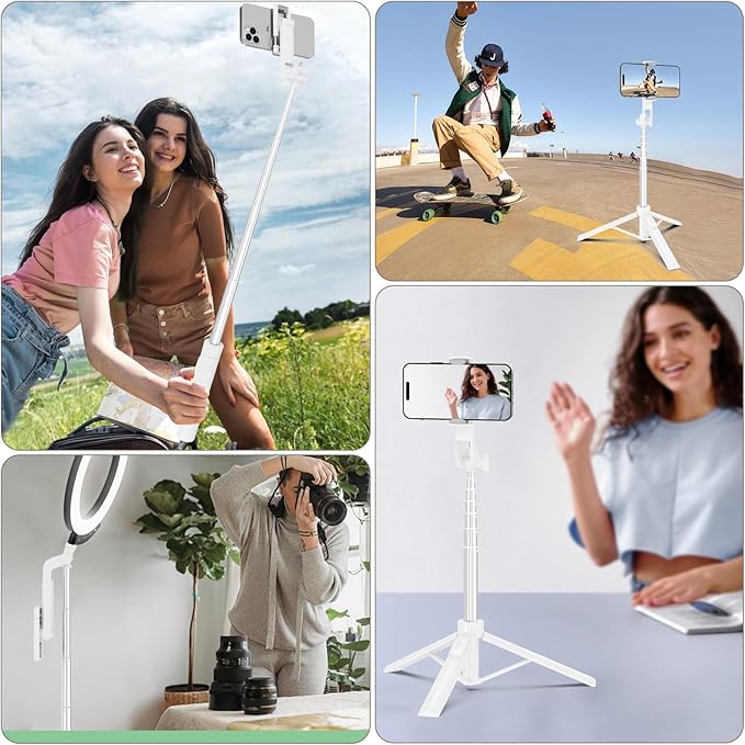 Selfie Stick Travel Tripod for Cell Phone with Remote Control and Phone Holder, Extendable Selfie Stick for iPhone, iPhone Tripod for Video Recording, 63 Inch, White