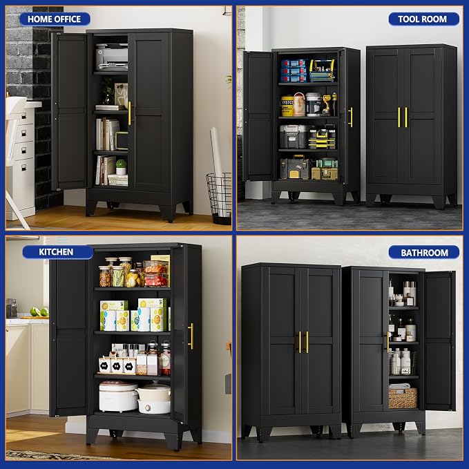 Metal Storage Cabinet with 2 Doors and 3 Adjustable Shelves - 47.2" Steel File Cabinet,Tool Cabinets for Office,Home,Garage,Gym,School,Bathroom,Kitchen(Black)