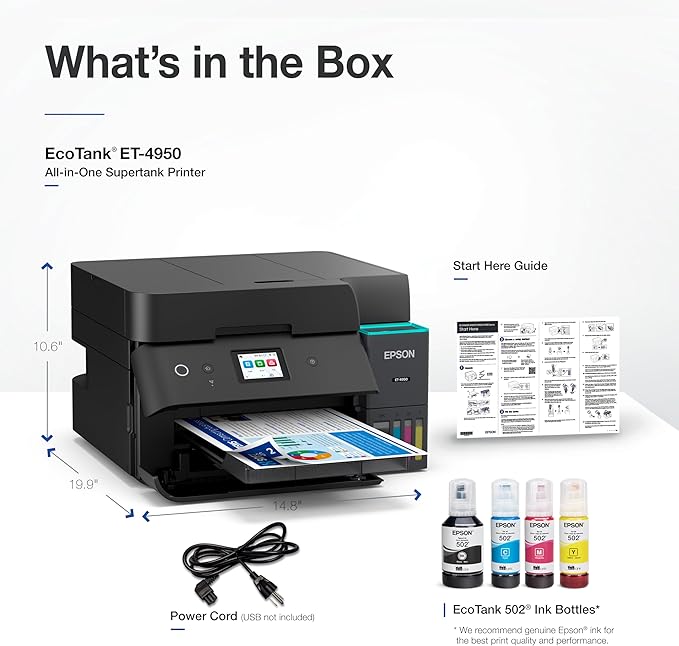 Epson EcoTank ET-4950 Wireless All-in-One Color Supertank Printer with up to 3 Years of Ink Refillable Tanks, Perfect for Home, 18 PPM, 2.4" Colorful Touchscreen, Auto Document Feeder - Black