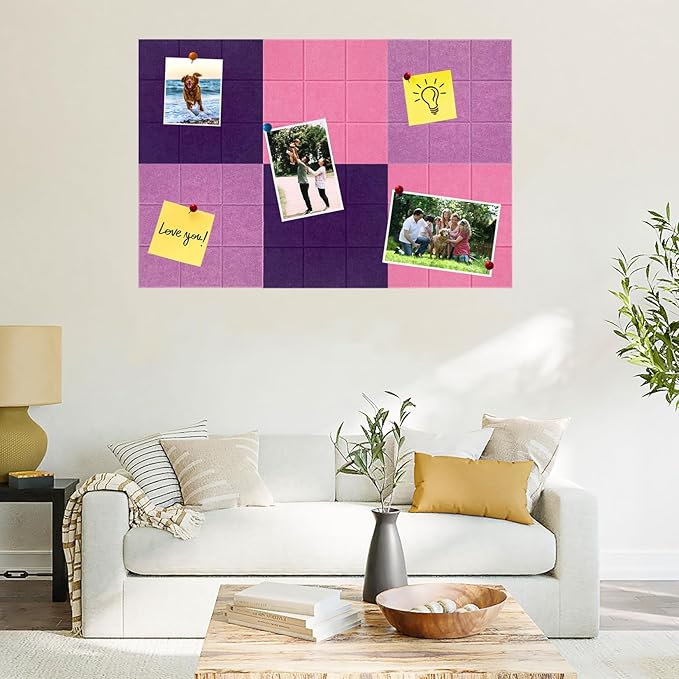 Large Square Felt Cork Board Tiles, Self Adhesive DIY Felt Bulletin Board with 35 Pushpins for Office School Home Wall Decor Stickers Memos Photos Display (Purple & Pink)