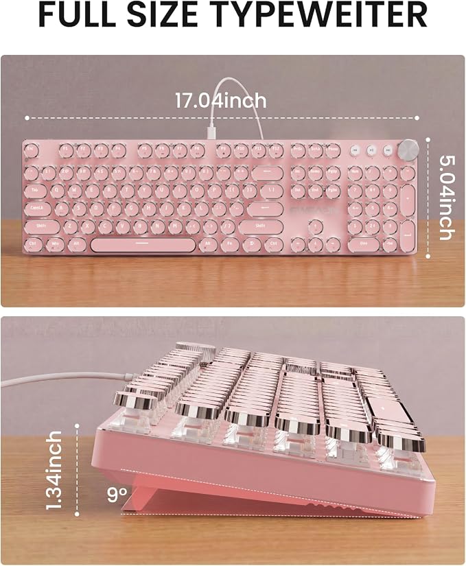 EWEADN Wired Typewriter Mechanical Keyboard, Low Noise White Switch Retro Punk Keyboard with Media Knob, White Backlit, Metal Panel, 104-Key Round Keycaps Cute Keyboard for Windows PC - Pink