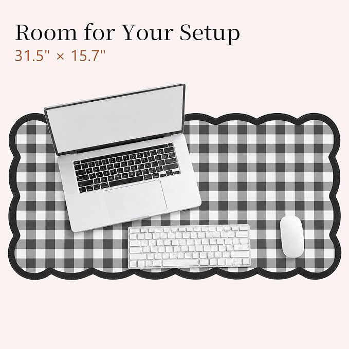 Ohocut Scalloped Gingham Checkered Desk Pad,Black:31.5" x 15.7" | Large, Premium Faux Leather, Anti-slip Bottom, Water Repellent, Easy to Clean, Aesthetic Trendy Design