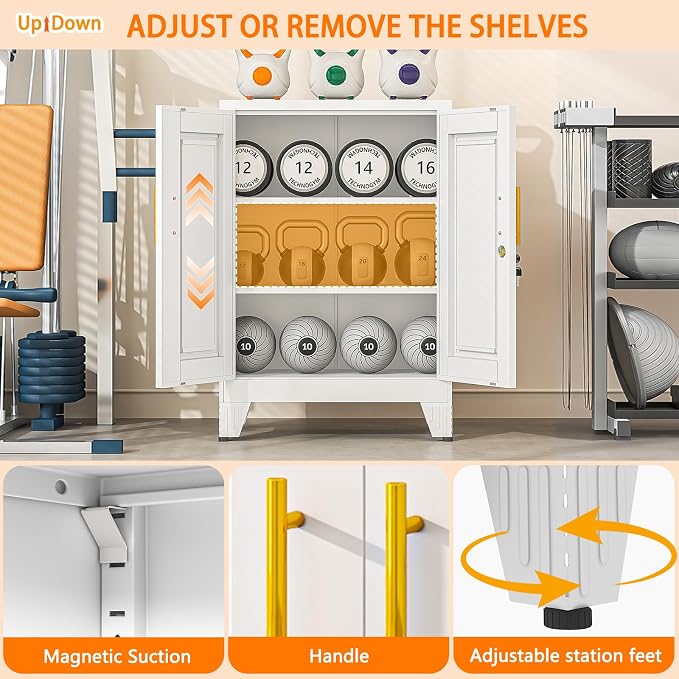 Metal Storage Cabinet, 2-Door Short Locker Cabinets Adjustable Shelf | Magnetic door surface for notes, Freestanding small storage cabinet with doors and shelves, multi-use storage