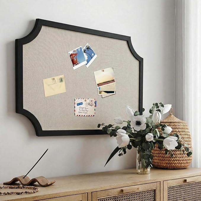 Vintage Framed Pin Board Linen Display Bulletin Board Large Ornate Fabric Picture Photo Pinboard Memo Decorative Prayer Pinboard Ornate for Wall Gift(Scalloped,24" X 36",Black)