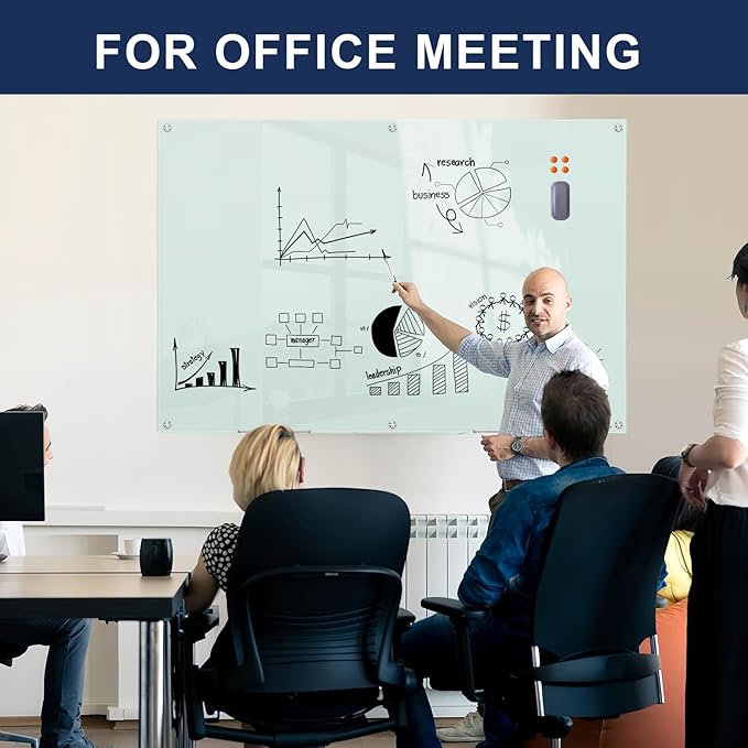Glass Dry-Erase Board - 72 x 48 Inches (6' X 4') Wall Mounted Glass Magnetic Whiteboard, Extra Large Frameless White Board for Office, Home & School