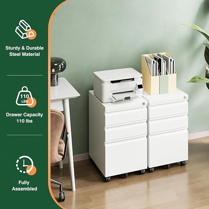 3 Drawer Mobile File Cabinet with Lock, Under Desk Metal Filing Cabinets for Home Office Organizer Letters/Legal/A4(Fully Assembled-White)
