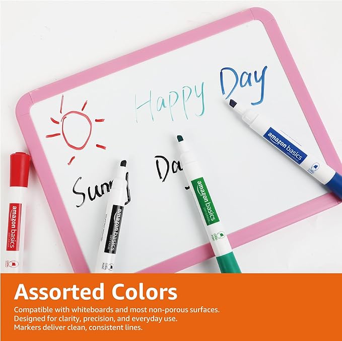 Amazon Basics Low-Odor Dry Erase Whiteboard Markers, Chisel Tip, Quick-Dry, Black, Red, Green, Blue, 4-Pack