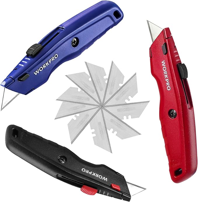 WORKPRO Premium Utility Knife, Retractable All Metal Heavy Duty Box Cutter, Quick Change Blade Razor Knife, with 10 Extra Blades, Set of 3 (Black, Red, Blue)