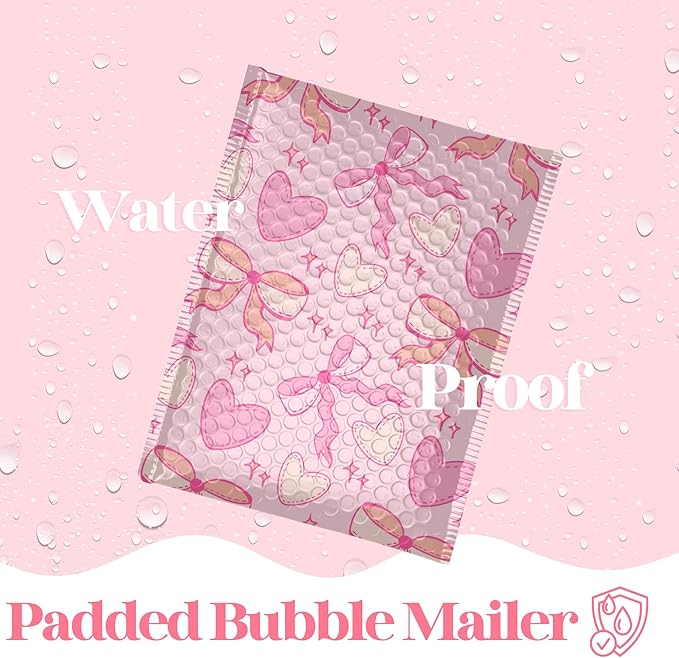 4x7 Designer Bubble Poly Mailer 50 Pack Heavy Duty Waterproof Self Seal Shipping Bags for Small Business Large Mailing Envelopes Bulk Tear Resistant Padded Pink Coquette Bubble Mailer