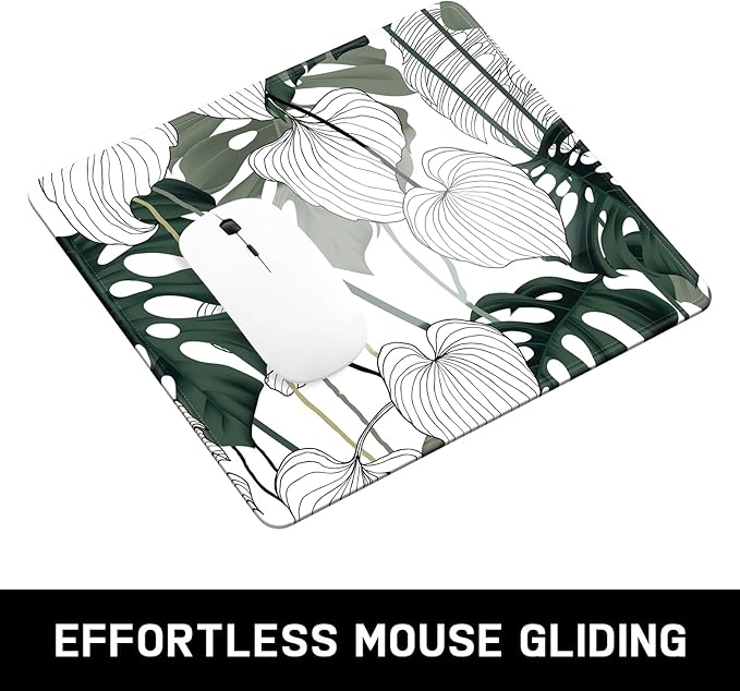Mouse Pad, Minimalism Marble Style Computer Pad, Anti-Slip Rubber Mouse Mat with Stitched Edges for Gaming, Office, Laptop, PC, Women, 9" x 8" Thick 3 mm, Monstera Leaves
