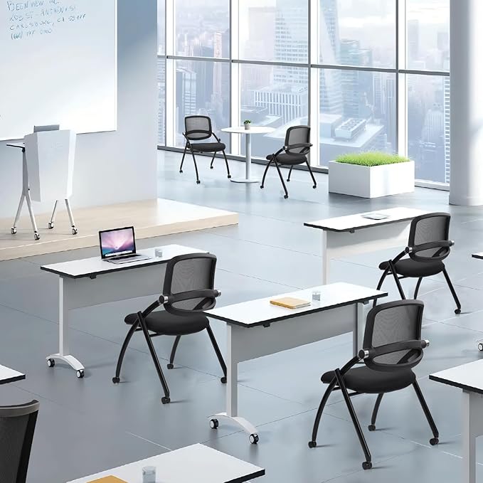CLATINA Stackable & Foldable Conference Chair with Wheels, Ergonomic Mesh Back,300lbs Capacity, Breathable Padded Seat, Armless Office Chair for Reception, Training, Home Office, Black, 1PK