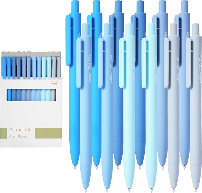 Mr. Pen- Retractable Gel Pens, 12 Pack, Black Ink, Sky Blue Barrel | Fine Point 0.5mm, Fast Dry, Smooth Writing, Cute Pens for Drawing, Writing Planner and School Supplies