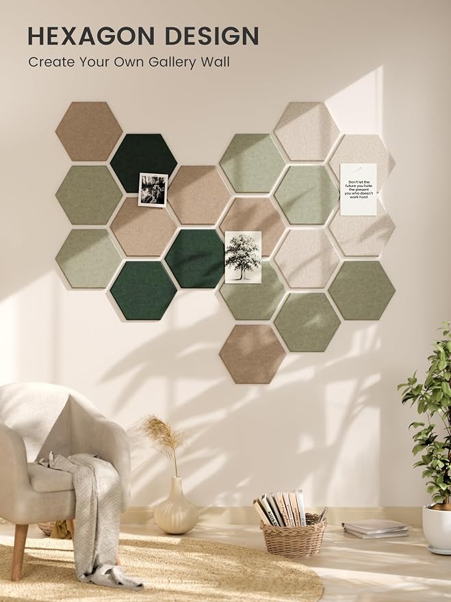 Fluxynara 12-Pack Hexagon Felt Bulletin Board Tiles, Nordic Moss-1 | Cork Board Alternative with 60 Adhesive Tabs for Notes, Photos and Reminders in Home Offices, Dorm and Classrooms