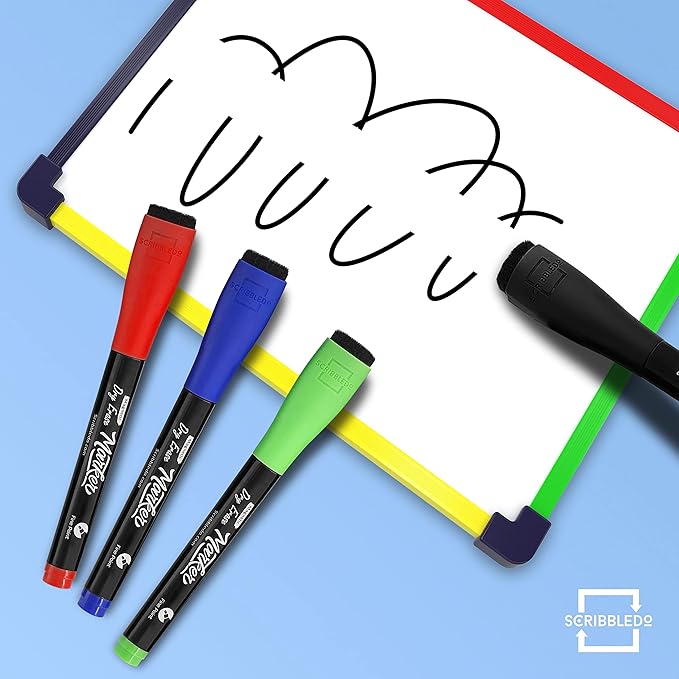 Scribbledo 4 Magnetic Dry Erase Markers Fine Tip Assorted Classic Colors Low Odor Whiteboard Markers with Eraser Cap Thin Skinny White Board Markers for Adults Students Teachers Art Home & School