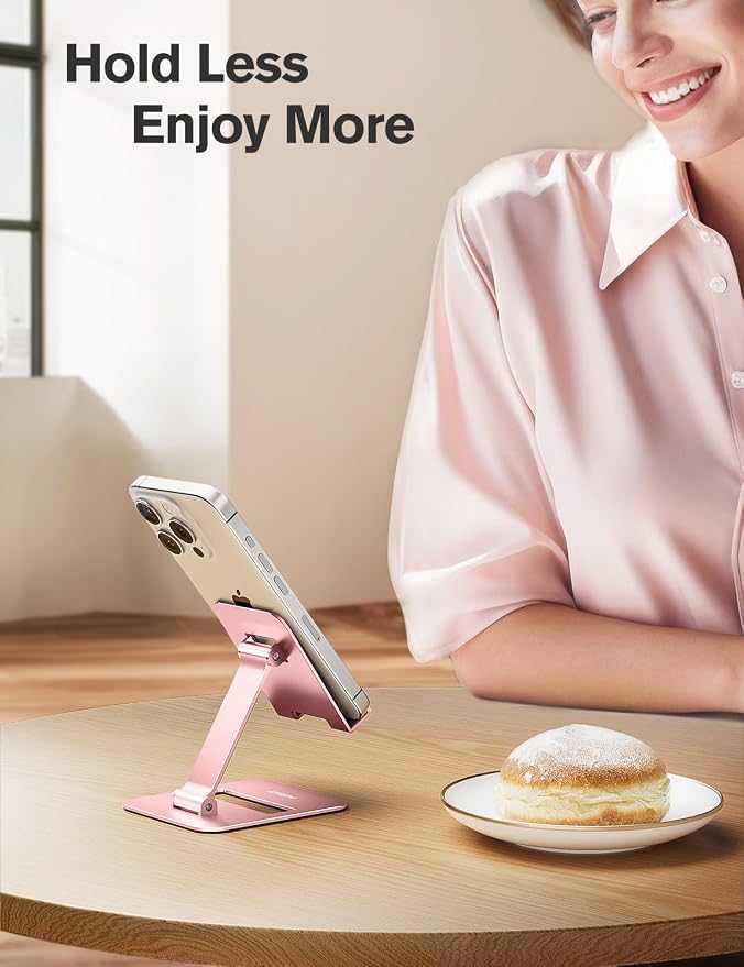 Nulaxy 2 Pack Aluminum Dual Folding Cell Phone Stand for Desk, Rose Gold | Height Angle Adjustable, Portable, Anti-Slip Base Phone Holder Fits 16mm Thick Case 4-8" Smartphone Desk Essential Accessory