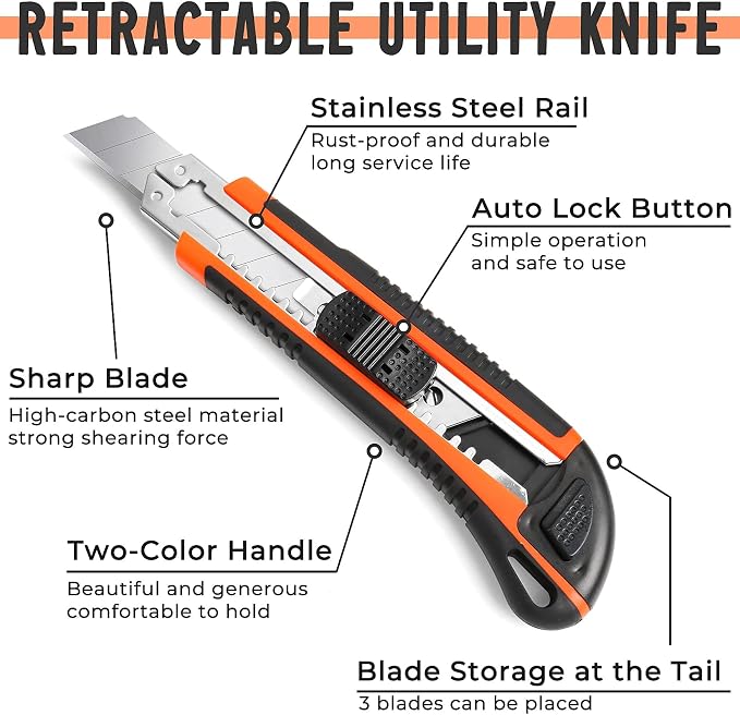 3Pack Box Cutter Retractable, Snap Off Utility Knife, Razor Knife | 18mm ultra sharp blade, quick change blade, box opener tool and exacto knife for DIY, office, arts, crafts, home and cartons