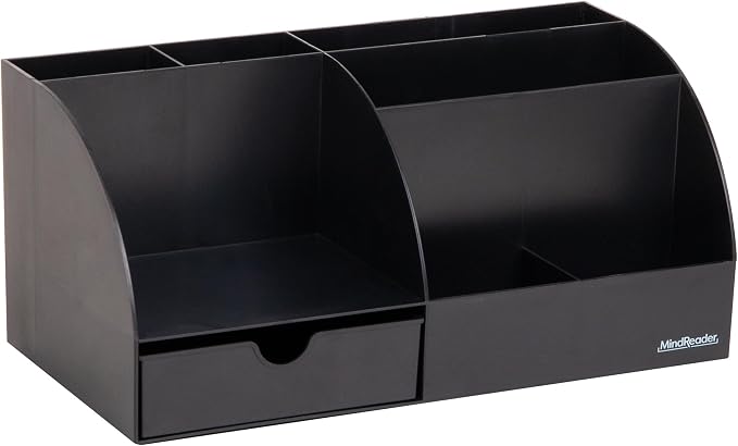 Mind Reader 7 Compartment Desktop Organizer, Plastic, Black | Office Desk Organizer, For Pens, Mail and Accessories, Workspace Organizer
